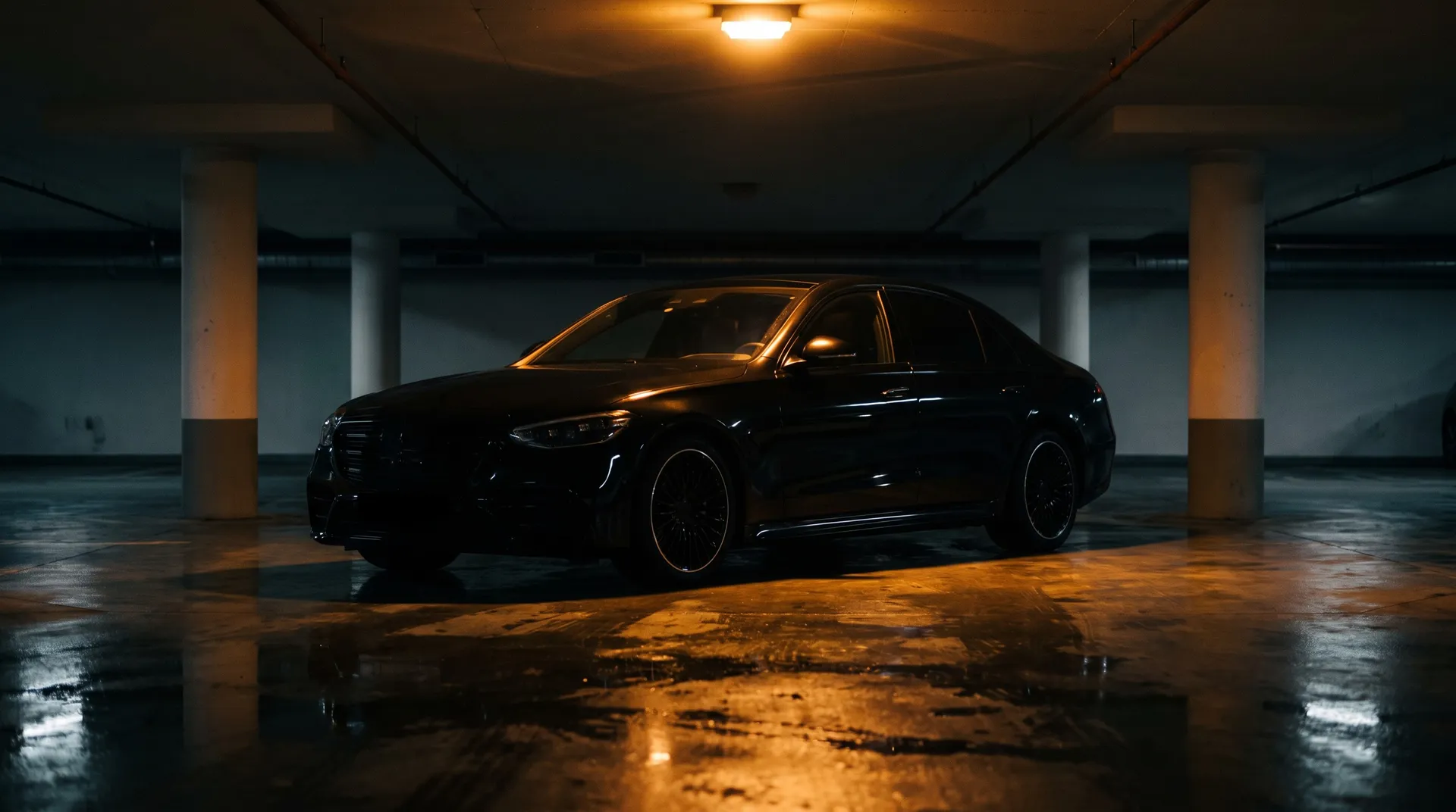 Garage de nuit avec des berlines noires